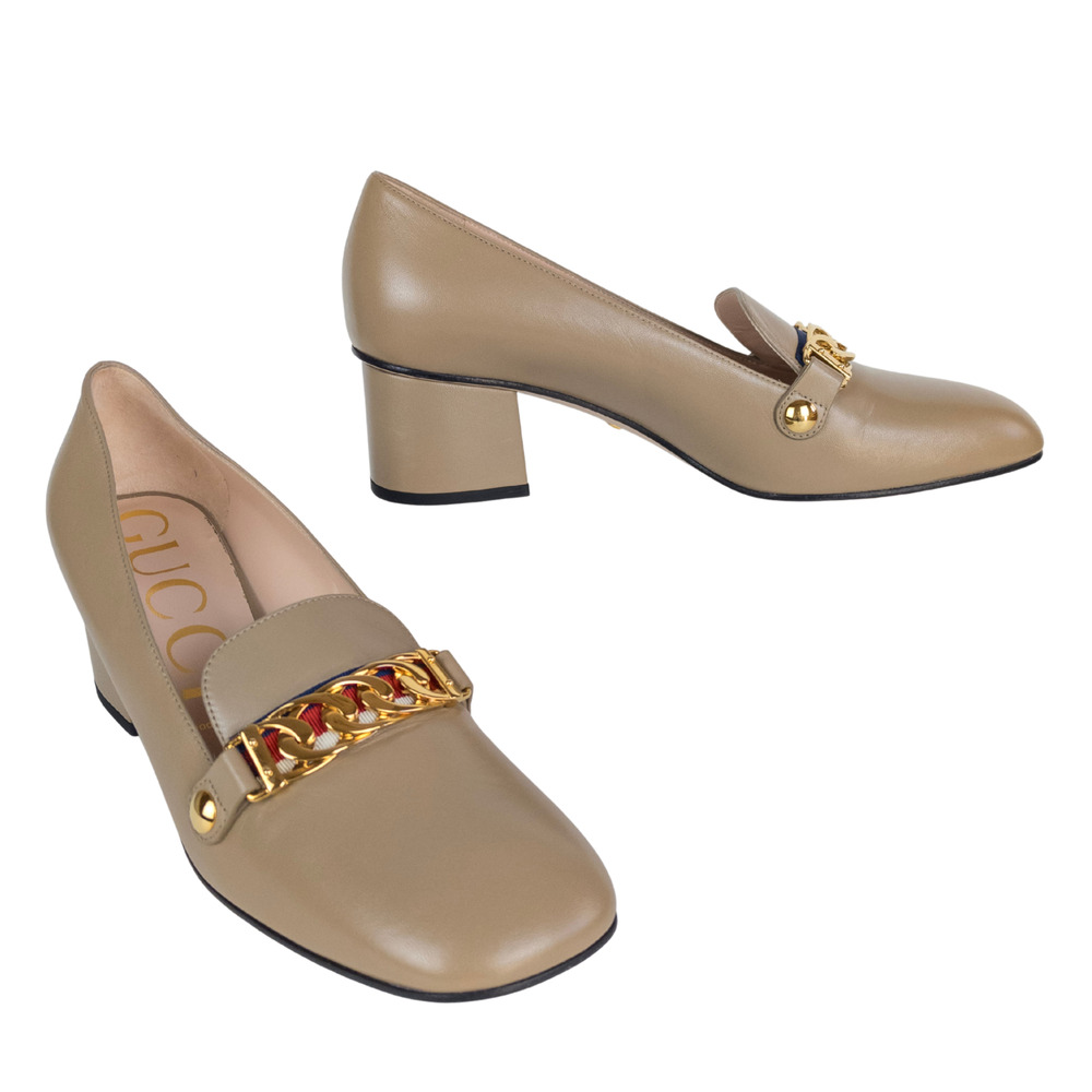 GUCCI Sylvie Loafer Pumps Tan Leather Mid-Heel Chain Web Stripe Women's EU 40